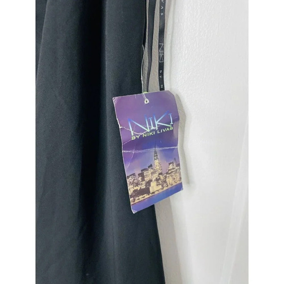 Niki Livas Evening Dress 10 Beaded Black 90s Style Handkerchief Hem Draped Neck - Picture 9 of 14